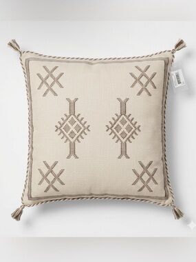 Four Hands 20x20 Sabra Throw Pillow Khaki Geometric Stitch Tassels New